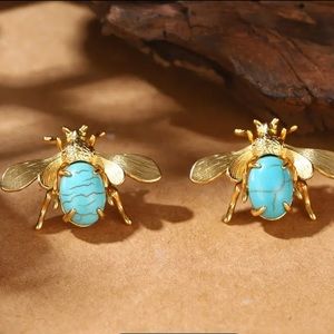 Vintage Style Gold Plated Over 925 Silver Turquoise Flying Insect Earrings